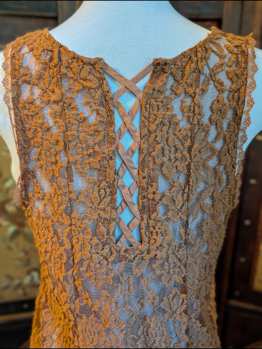 AE Brown Sheer Crochet Lace Sleeveless Cami Tank Top Small S Relaxed Boho Casual - Picture 4 of 8
